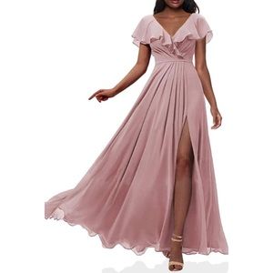 Dusty Rose V Neck Chiffon Bridesmaid Dresses Long